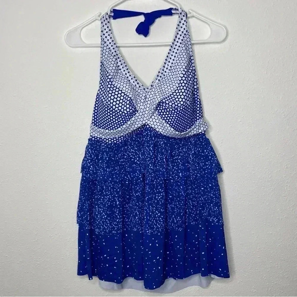 Womens Blue Halter Tankini Top Size XL Tiered Bathing Suit Polka Built In Bra - Picture 1 of 6